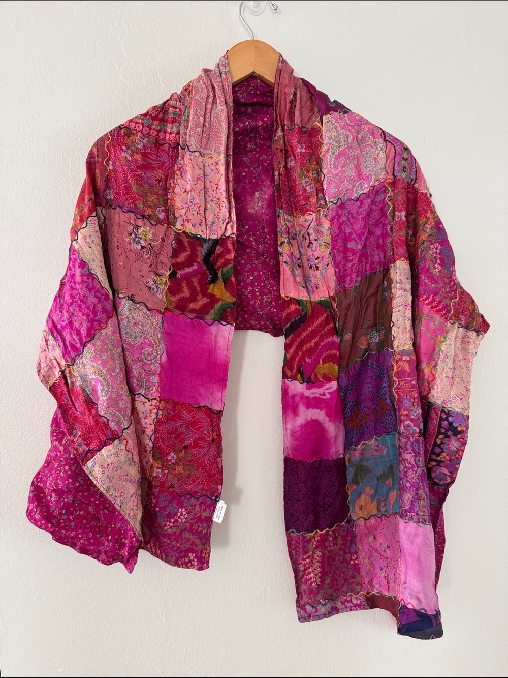 Patchwork Silk Kantha Scarf Hand Quilted Wrap 19x62 inches boho